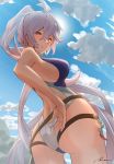  1girl ahoge ass back back_cutout bangs bare_shoulders bon_mushi breasts cloud commentary_request competition_swimsuit from_below granblue_fantasy hair_between_eyes high_ponytail large_breasts long_hair looking_down multiple_straps one-piece_swimsuit sideboob sidelocks signature silva_(granblue_fantasy) silver_hair standing sun swimsuit thighs very_long_hair yellow_eyes 