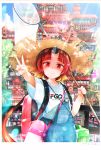  1girl architecture backpack bag benienma_(fate/grand_order) butterfly_net east_asian_architecture fate/grand_order fate_(series) gomennasai hand_net hat highres overalls red_eyes red_hair smile straw_hat summer sunlight v 