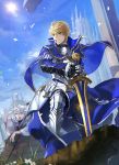  1boy armor armored_boots armored_dress arthur_pendragon_(fate) blonde_hair blue_cape blue_dress boots breastplate cape castle cloud dress excalibur excalibur_(fate/prototype) fate/grand_order fate/prototype fate_(series) faulds flower gauntlets greaves green_eyes hair_between_eyes highres holding holding_sword holding_weapon long_sleeves looking_to_the_side male_focus medium_hair merlin_(fate) merlin_(fate/prototype) outdoors pauldrons short_hair shoulder_armor signature sky smile solo staff sun sword weapon white_hair yogifog6312 