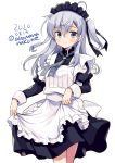  1girl alternate_costume apron black_dress blush closed_mouth cowboy_shot dated dress enmaided eyebrows_visible_through_hair frilled_apron frills grey_eyes grey_neckwear hair_between_eyes juliet_sleeves kantai_collection long_hair long_sleeves maid maid_dress maid_headdress neckerchief odawara_hakone one_side_up puffy_sleeves silver_hair simple_background smile solo suzutsuki_(kantai_collection) twitter_username white_apron white_background 