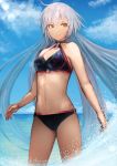  1girl bangs bikini black_bikini blue_sky breasts chienon choker closed_mouth cloud collarbone cowboy_shot day fate/grand_order fate_(series) floating_hair hair_between_eyes highres jeanne_d&#039;arc_(alter_swimsuit_berserker) jeanne_d&#039;arc_(fate)_(all) long_hair medium_breasts navel o-ring o-ring_bikini ocean outdoors print_bikini shiny shiny_hair silver_hair sky smile solo standing swimsuit very_long_hair yellow_eyes 