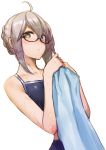  1girl ahoge artoria_pendragon_(all) bangs bare_arms bare_shoulders black-framed_eyewear blonde_hair blue_swimsuit braid breasts collarbone commentary_request fate/grand_order fate_(series) french_braid glasses grey_hair hair_between_eyes hands_up highres holding holding_towel looking_at_viewer multicolored_hair mysterious_heroine_x_(alter) nonderi parted_lips semi-rimless_eyewear short_hair simple_background small_breasts solo swimsuit towel two-tone_hair under-rim_eyewear upper_body wet wet_hair white_background 
