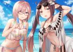  2girls absurdres arm_behind_head bangs bare_shoulders beach bikini blush breasts brown_hair cleavage collarbone consort_yu_(fate) earrings eyewear_on_head fang fate/grand_order fate_(series) food fou_(ssqseeker) glasses grey_eyes hair_ornament hair_over_one_eye highres jewelry large_breasts lavender_hair long_hair looking_at_viewer mash_kyrielight multiple_earrings multiple_girls navel open_clothes open_mouth popsicle purple_eyes rainbow_bikini robe sheer_clothes short_hair skin_fang smile striped striped_bikini sunglasses sunlight swimsuit swimsuit_of_perpetual_summer_ver.02 twintails very_long_hair white_bikini yu_miaoyi_(swimsuit_lancer) 
