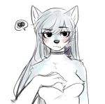  1girl :/ animal_ears animal_nose bibi_(ressue_(gomgom)) blue_fur blue_hair blush breasts cleavage commentary_request dress eyebrows_visible_through_hair furry hair_between_eyes hand_on_breast korean_commentary looking_at_viewer lowres older original ressue_(gomgom) simple_background sketch solo spoken_squiggle squiggle two-tone_fur upper_body white_background white_dress white_fur wolf wolf_ears wolf_girl 