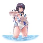  1girl absurdres artist_request bangs bare_shoulders black_hair blue_eyes blue_ribbon blush breasts dress fate/grand_order fate/requiem fate_(series) fundoshi highres japanese_clothes jewelry large_breasts long_sleeves looking_at_viewer magatama magatama_hair_ornament medium_hair multicolored_hair necklace parted_lips pelvic_curtain pink_hair puffy_long_sleeves puffy_sleeves ribbon short_dress sideboob sideless_outfit simple_background streaked_hair thighs utsumi_erise wading water wet white_background white_dress 