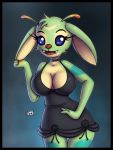  2013 alien antennae_(anatomy) anthro anthrofied black_border black_clothing black_dress blue_eyes bonnie_(lilo_and_stitch) border breasts brown_nose clothing disney dress ears_down experiment_(lilo_and_stitch) eyebrows eyelashes fangs female fingers fur green_body green_fur green_markings innocenttazlet lilo_and_stitch looking_at_viewer markings multicolored_antennae open_mouth open_smile pivoted_ears sharp_teeth simple_background smile solo tan_body tan_inner_ear teeth 