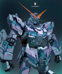  absurdres brayanong999 clenched_hands commission english_commentary glowing glowing_eyes green_eyes gundam gundam_unicorn highres looking_up mecha no_humans nt-d photo-referenced solo unicorn_gundam upper_body watermark 