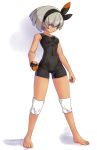  1girl bangs barefoot black_bodysuit black_hairband bodysuit bow_hairband breasts commentary_request covered_navel dark_skin eyebrows_visible_through_hair fingernails full_body gloves grey_eyes grey_hair gym_leader hair_between_eyes hairband kirishima_satoshi knee_pads pokemon pokemon_(game) pokemon_swsh saitou_(pokemon) short_hair single_glove solo toenails toes 