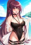  1girl bangs bare_shoulders beach bird black_bow black_choker black_swimsuit blue_sky blush bow breasts choker cleavage collarbone commentary_request covered_navel girls_frontline hair_ribbon high_ponytail highleg highleg_swimsuit highres kinsenka_momi large_breasts long_hair long_ponytail looking_to_the_side ocean open_clothes open_mouth open_shirt outdoors purple_hair red_eyes ribbon sand shirt_removed shore sidelocks sky standing sweat swimsuit thigh_strap very_long_hair wa2000_(girls_frontline) water 