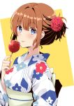  1girl blue_eyes brown_hair candy_apple character_request copyright_request eyebrows_visible_through_hair flower food hair_flower hair_ornament japanese_clothes kimono looking_at_viewer solo tied_hair tongue tongue_out yoshikita_popuri yukata 
