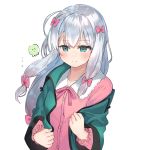  1girl absurdres aqua_eyes bangs blush bow closed_mouth collarbone commentary_request eromanga_sensei flying_sweatdrops green_jacket hair_bow highres izumi_sagiri jacket long_hair long_sleeves looking_at_viewer open_clothes pajamas pink_bow pink_ribbon ranf ribbon silver_hair simple_background smile solo stuffed_toy sweat upper_body very_long_hair white_background 