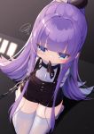  1girl azur_lane bangs black_neckwear black_ribbon black_shorts blue_eyes blunt_bangs blush chain closed_mouth commentary_request dutch_angle eyebrows_visible_through_hair from_above hair_ribbon highres kokone_(coconeeeco) long_hair long_sleeves looking_away mouth_hold ponytail purple_hair ribbon seiza shirt short_shorts shorts sitting solo squiggle suspender_shorts suspenders tashkent_(azur_lane) tashkent_(the_bound_cruiser)_(azur_lane) thighhighs very_long_hair white_legwear white_shirt 