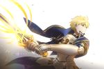  1boy armor armored_dress arthur_pendragon_(fate) blonde_hair blue_cape blue_dress breastplate cape chiutina dress excalibur excalibur_(fate/prototype) fate/grand_order fate/prototype fate_(series) faulds gauntlets glowing glowing_sword glowing_weapon greaves green_eyes hair_between_eyes holding holding_sword holding_weapon looking_to_the_side male_focus pauldrons short_hair shoulder_armor simple_background solo sword weapon white_background 