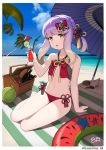  1girl beach bikini blue_sky blue_umbrella cloud commentary_request day drink flat_chest full_body gradient_hair highres himitsu_neko innertube kantai_collection long_hair multicolored_hair orange_hair oriental_umbrella outdoors palm_tree purple_eyes purple_hair red_bikini side-tie_bikini sidelocks sitting sky solo swimsuit tree tsushima_(kantai_collection) umbrella yokozuwari 