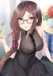  1girl absurdres akuta_hinako bangs bare_shoulders black_dress blush braid braided_ponytail breasts champagne_flute cup dress drinking_glass earrings fate/grand_order fate_(series) fou_(ssqseeker) glasses hair_over_shoulder highres jewelry large_breasts long_hair looking_at_viewer multiple_earrings open_mouth shawl 