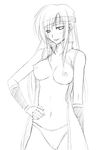  breasts faris_scherwiz final_fantasy final_fantasy_v greyscale hand_on_hip ichimedoo large_breasts long_hair looking_at_viewer monochrome nipples no_bra open_clothes open_shirt panties shirt simple_background solo underwear white_background 