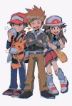  1girl 2boys bag belt black_footwear blue_(pokemon) blue_eyes blue_gloves blush brown_bag brown_hair brown_pants closed_eyes creature crossed_arms dumpling eating fingerless_gloves food gen_1_pokemon gloves grey_background highres hinann_bot holding holding_food holding_pokemon jacket jewelry long_hair multiple_boys musical_note necklace ookido_green open_clothes open_jacket open_mouth pants pikachu pokemon pokemon_(creature) pokemon_(game) pokemon_rgby red_(pokemon) red_headwear red_jacket red_skirt simple_background single_glove sketch skirt smile sparkle standing tongue white_footwear wristband 