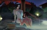  2girls arm_support asami_sato autumn_leaves avatar_(series) black_hair blue_eyes breasts brown_hair bush dark_skin green_eyes hair_bun ickysickly korra lantern multiple_girls naked_towel night nude onsen partially_submerged short_ponytail sideboob smile the_legend_of_korra towel tree yuri 