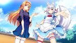  2boys animal_ears aogiri_penta apron bangs blue_dress blue_sky blunt_bangs cloud cloudy_sky dress fox_boy fox_ears fox_tail frilled_apron frilled_dress frilled_hairband frills game_cg hair_ribbon hairband japanese_clothes josou_shinwa leg_garter long_hair male_focus multiple_boys one_eye_closed orange_hair otoko_no_ko outdoors outstretched_arm outstretched_hand purple_eyes red_ribbon ribbon ribbon_trim single_thighhigh sky smile standing striped striped_legwear subaru_(josou_shinwa) sun sunlight tagme tail tail_raised tamaki_(josou_jinja) thighhighs tree white_hair white_legwear yellow_eyes 