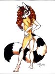  absurd_res anthro breasts butt cacomistle female fluffy fluffy_tail fur hair hi_res looking_at_viewer looking_back mammal nipples presenting procyonid red_hair ringtail solo teasing terrie_smith traditional_media_(artwork) 