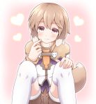  1boy animal_ears blush brown_eyes brown_hair daisuke_(9156281) dog_boy dog_ears dog_tail heart highres looking_at_viewer male_focus pop-up_story short_shorts shorts sitting smile st._feles_gakuen_uniform tail thighhighs white_legwear yuuri_lessen 