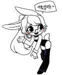  1girl :d animal_ears animal_nose bare_shoulders black_eyes black_footwear black_leotard black_neckwear blush bow bowtie breasts bunny bunny_ears bunny_girl bunny_tail chibi commentary_request detached_collar eyebrows_visible_through_hair full_body furrowed_eyebrows furry glasses hair_between_eyes korean_commentary korean_text leg_up leotard long_hair medium_breasts open_mouth original ressue_(gomgom) semi-rimless_eyewear simple_background sketch smile solo standing tail teeth translation_request under-rim_eyewear white_background white_fur white_hair wrist_cuffs 