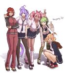  5girls :d alternate_costume alternate_universe blue_eyes breasts bunny_ears_prank freyja_wion green_eyes green_hair gyaru highres kaname_buccaneer large_breasts macross macross_delta makina_nakajima medium_breasts midriff mikumo_guynemer multiple_girls navel open_mouth orange_hair pink_eyes pink_hair purple_hair red_eyes red_hair reina_prowler ryu_(masu_nantoka-san) school_uniform small_breasts smile tan track_suit twintails 