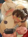  1boy 1other ambiguous_gender blush brown_hair dagashi_(daga2626) dark_skin full-face_blush furry hand_on_another&#039;s_head highres horizontal_pupils hug hug_from_behind made_in_abyss mechanical_arms nanachi_(made_in_abyss) regu_(made_in_abyss) sharp_teeth sweat tail tearing_up teeth whiskers white_hair yellow_eyes 