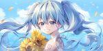  1girl bangs bare_shoulders blue_eyes blue_hair blush chyoling commentary day eyebrows_visible_through_hair floating_hair flower grin hair_between_eyes halter_top halterneck hatsune_miku highres long_hair outdoors petals smile solo sunflower twintails upper_body vocaloid water_drop yellow_flower 