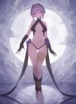  1girl absurdres bandaged_leg bandages bare_shoulders barefoot black_gloves character_request closed_mouth cloud collarbone covered_collarbone eyebrows_visible_through_hair eyes_visible_through_hair fate/grand_order fate_(series) fingerless_gloves fingernails gloves hair_between_eyes highres moon navel purple_eyes rabbit_(wlsdnjs950) reflection ripples sharp_fingernails short_hair solo standing turtleneck water 