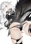  1girl absurdres arknights ass bangs bare_shoulders black_legwear black_panties commentary_request crocodilian_tail eyebrows_visible_through_hair highres horz large_tail long_hair panties pointy_ears silver_hair simple_background solo tail thighhighs thighs tomimi_(arknights) torn_clothes torn_legwear underwear white_background yellow_eyes 