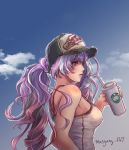  1girl baseball_cap breasts drink from_side hat highres holding holding_drink long_hair looking_ahead macross macross_delta medium_breasts mikumo_guynemer ponytail purple_hair red_eyes ryu_(masu_nantoka-san) solo tank_top walkure_(macross_delta) 