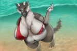  3:2 anthro beach belly_overhang big_breasts big_butt breasts butt clothing dragon female fur furred_dragon genitals ghost738589 hi_res huge_butt love_handles nipples obese obese_anthro obese_female overweight overweight_anthro overweight_female pussy sand sea seaside solo swimwear water wave wet 