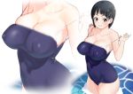  1girl areolae bangs bare_shoulders black_hair blue_eyes blunt_bangs blush breasts cleavage closed_mouth collarbone commentary_request competition_swimsuit covered_navel covered_nipples cowboy_shot eyebrows_visible_through_hair hair_ornament hairclip kirigaya_suguha large_breasts legs_together looking_at_viewer one-piece_swimsuit school_swimsuit short_hair skindentation smile solo standing strap_pull swimsuit sword_art_online undressing water white_background zourion 