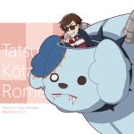  &gt;:) 1boy animal_nose bow bowtie brown_hair buernia character_name checkered checkered_background dog english_commentary highres long_sleeves mecha parody pink_background plants_vs_zombies romero_(zombie_land_saga) short_hair simple_background solo sunglasses tatsumi_koutarou teeth white_background zombie zombie_land_saga 