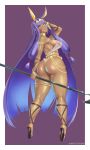  1girl animal_ears ass bare_shoulders bracelet breasts bunny_ears chain commentary dark_skin fate/grand_order fate_(series) from_behind high_heels highres jewelry large_breasts long_hair looking_at_viewer looking_back mr_sithums nitocris_(fate/grand_order) purple_background purple_eyes purple_hair smile solo thick_thighs thighlet thighs very_long_hair 