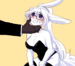  1boy 1girl :d animal_ears animal_nose bare_shoulders black-framed_eyewear black_leotard black_neckwear blue_eyes blush bow bowtie breasts brown_fur bunny bunny_ears bunny_girl bunny_tail claws commentary_request detached_collar eyebrows_visible_through_hair furry glasses hair_between_eyes highres korean_commentary large_breasts leotard long_hair looking_at_another open_mouth original ponytail ressue_(gomgom) semi-rimless_eyewear silver_hair simple_background smile sweatdrop tail under-rim_eyewear white_fur wrist_cuffs yellow_background 
