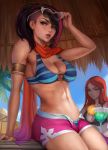  2girls armlet bikini bikini_top black_bikini black_hair blue_eyes blue_sky breasts brown_eyes cleavage daria_leonova day eyewear_on_head fiora_laurent large_breasts league_of_legends leaning_on_object leona_(league_of_legends) lips long_hair looking_at_viewer medium_breasts multicolored_hair multiple_girls navel o-ring o-ring_top ponytail pool_party_(league_of_legends) pool_party_fiora pool_party_leona red_hair scar scar_across_eye scarf shorts sky streaked_hair striped striped_bikini sunglasses swimsuit watermark web_address wet 