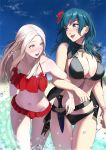  2girls :d bangs bare_arms bare_shoulders bikini black_bikini blue_eyes blue_hair blue_sky blush breasts byleth_(fire_emblem) byleth_(fire_emblem)_(female) cleavage collarbone commentary_request dagger day edelgard_von_hresvelg eye_contact fire_emblem fire_emblem:_three_houses fire_emblem_heroes flower forehead frilled_bikini frills groin hair_ribbon hibiscus highres jewelry large_breasts leaning_forward locked_arms long_hair looking_at_another mueririko multiple_girls navel necklace nose_blush open_mouth outdoors parted_bangs purple_eyes purple_ribbon red_flower ribbon sheath silver_hair sky smile stomach swimsuit thigh_gap thighs wading water weapon wristband yuri 