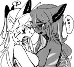  2girls animal_ears animal_nose blush bow breasts closed_eyes closed_mouth commentary_request english_text eyebrows_visible_through_hair fang furry greyscale hair_between_eyes hair_bow heart korean_commentary large_breasts long_hair medium_breasts monochrome multiple_girls nude original ressue_(gomgom) sideboob snout spoken_heart sweat sweatdrop yuri 