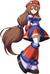  1girl android arms_behind_back beret breasts brown_hair capcom full_body green_eyes hair_between_eyes hat highres iris_(rockman_x) long_hair low-tied_long_hair medium_breasts military_hat mizuno_keisuke official_art open_mouth rockman rockman_x rockman_x_dive smile solo transparent_background very_long_hair 