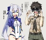  1boy 1girl :d :o ? arms_behind_back belt black_belt black_hair black_neckwear blue_swimsuit bow breasts brown_shirt cargo_shorts chaldea_pathfinder closed_eyes command_spell commentary_request competition_swimsuit cropped_jacket dated fate/grand_order fate_(series) fujimaru_ritsuka_(male) goggles grey_background grey_shorts hair_between_eyes hair_bow head_mounted_display headphones headset highleg highleg_swimsuit jacket laughing long_hair medium_breasts microphone neckerchief one-piece_swimsuit open_clothes open_jacket open_mouth purple_bow purple_jacket scout_uniform shikei shirt shorts signature silver_hair simple_background smile striped striped_neckwear swimsuit tomoe_gozen_(fate/grand_order) tomoe_gozen_(swimsuit_saber)_(fate) translation_request very_long_hair 