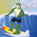  1:1 2020 4_toes 5_fingers anthro canid canine canis claws clothed clothing fingers fur green_body green_eyes green_fur green_nipples greeny_(odisaodi) hi_res male mammal multicolored_body multicolored_fur muscular muscular_anthro muscular_male nipples sea short_fur solo surfboard surfer surfing swimming_trunks swimwear toes topless trashgriffin two_tone_body two_tone_fur vehicle water watercraft wave wolf 