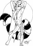  1995 anthro apple arms_above_head bare_chest bead_necklace black_and_white bracelet bulge cacomistle chester_ringtail_magreer cloak clothed clothing fluffy fluffy_tail food fruit fur holding_food holding_object jewelry long_tail looking_at_viewer male mammal monochrome open_mouth plant pose procyonid ringtail skimpy solo terrie_smith thong traditional_media_(artwork) underwear 