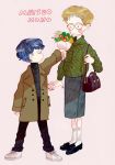  1boy 1girl 3: aqua_eyes arm_at_side arm_up bag bags_under_eyes bangs black_footwear black_sweater blonde_hair blue_hair blush_stickers bouquet breast_pocket brown_coat closed_mouth coat commentary cross-laced_footwear dark_blue_hair english_commentary eye_contact fingernails flower from_side full_body glasses green_nails green_sweater hand_up height_difference hetero holding holding_bouquet jitome legs_apart legs_together loafers long_sleeves looking_at_another looking_to_the_side matsuo_mono mixed_media nail_polish no_nose open_clothes open_coat original pants pink_background pocket profile red_flower ribbed_sweater sanpaku shoes short_hair shoulder_bag signature simple_background skirt sneakers socks standing sweater turtleneck turtleneck_sweater undercut very_short_hair wavy_mouth white_footwear white_legwear wrist_extended 