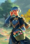  1girl absurdres adjusting_hair animal_on_shoulder artist_name basket bird bird_on_shoulder black_eyes blue_capelet blue_dress blue_flower blue_hair braid capelet commentary crown_braid day dress epaulettes fire_emblem fire_emblem:_three_houses floating_hair flower flower_basket hair_flower hair_ornament highres holding holding_basket holding_knife kkonisa knife long_sleeves looking_away marianne_von_edmund open_mouth outdoors pink_flower short_hair signature smile teeth tree yellow_flower 