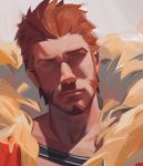  1boy blue_eyes brown_hair close-up cosplay face facial_hair fate/grand_order fate_(series) goatee highres iskandar_(fate) iskandar_(fate)_(cosplay) jinhallz looking_at_viewer male_focus manly muscle napoleon_bonaparte_(fate/grand_order) portrait shaded_face short_hair sideburns simple_background solo 