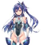  1girl blue_hair breasts commentary_request covered_navel cowboy_shot dsmile elbow_gloves gloves kazanari_tsubasa leotard long_hair looking_at_viewer one_side_up purple_eyes senki_zesshou_symphogear simple_background small_breasts solo very_long_hair white_background 