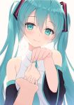  1girl aqua_eyes aqua_hair aqua_neckwear bangs bare_shoulders black_sailor_collar black_sleeves blush closed_mouth crying crying_with_eyes_open detached_sleeves eyebrows_visible_through_hair fingernails hair_between_eyes hand_on_own_chest happy_tears hatsune_miku head_tilt highres long_hair long_sleeves looking_at_viewer necktie outstretched_hand pov sailor_collar shirt smile solo_focus tears twintails upper_body very_long_hair vocaloid white_shirt yumenone_(conectarts) 