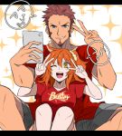  1boy 1girl blue_eyes brown_hair buster_shirt dopiouni double_v facial_hair fate/grand_order fate_(series) fujimaru_ritsuka_(female) goatee napoleon_bonaparte_(fate/grand_order) one_eye_closed orange_hair self_shot short_hair shorts sideburns simple_background smile sparkle v yellow_eyes 